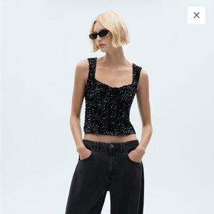 Mango Black Sequin Square Neck Top
